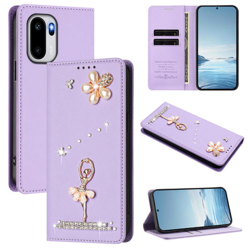 OnePlus 15R Ballet Girl Diamond Studded RFID Vegan Leather Phone Case - Light Purple