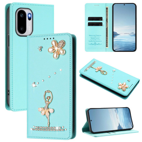 OnePlus 15R Ballet Girl Diamond Studded RFID Vegan Leather Phone Case - Mint Green
