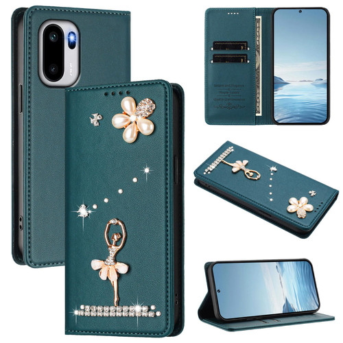 OnePlus 15R Ballet Girl Diamond Studded RFID Vegan Leather Phone Case - Peacock Green