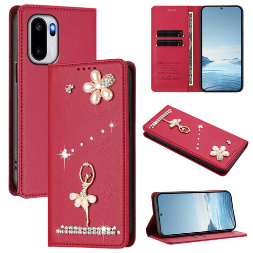 OnePlus 15R Ballet Girl Diamond Studded RFID Vegan Leather Phone Case - Wine Red