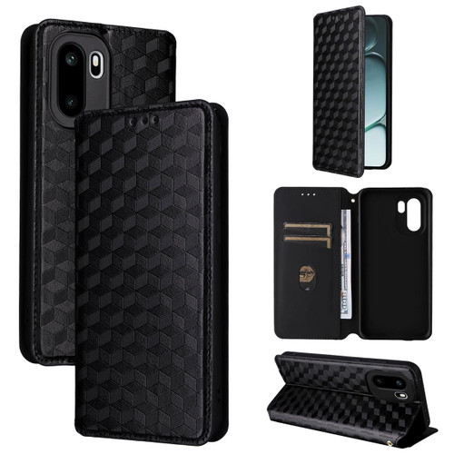 OnePlus 15R Cubic Grid Texture Flip Leather Phone Case - Black