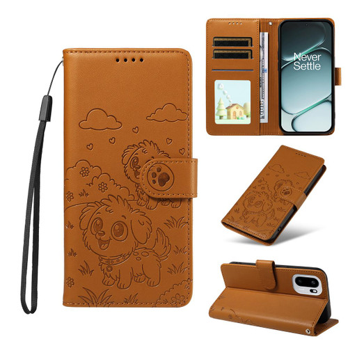 OnePlus 15R Embossed Heart Dog RFID Blocking Wallet Leather Phone Case - Brown
