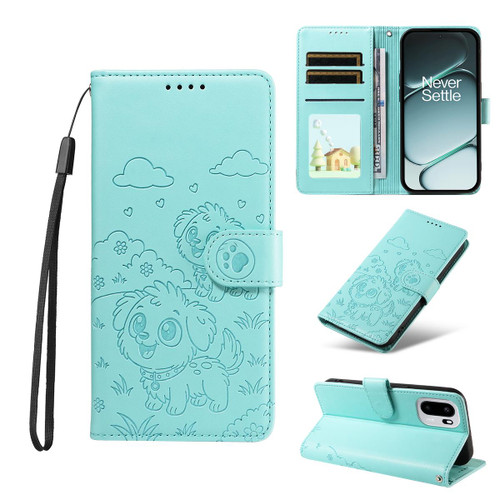 OnePlus 15R Embossed Heart Dog RFID Blocking Wallet Leather Phone Case - Green
