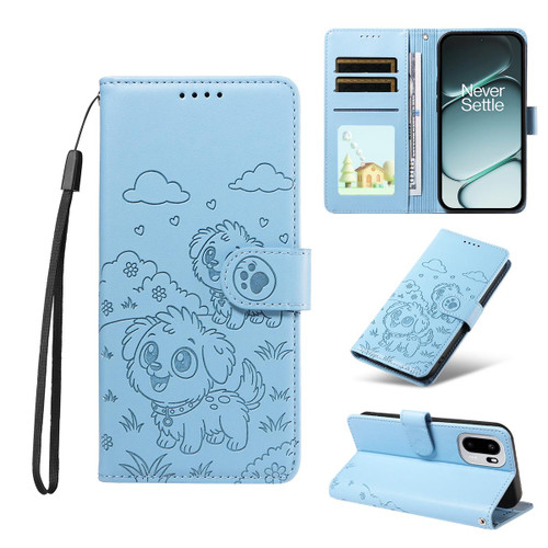 OnePlus 15R Embossed Heart Dog RFID Blocking Wallet Leather Phone Case - Sky Blue