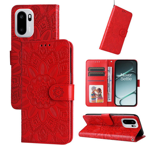 OnePlus 15R Embossed Sunflower Leather Phone Case - Red
