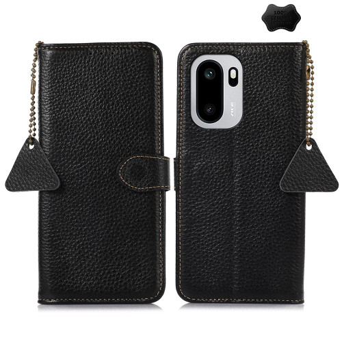 OnePlus 15R Genuine Leather Litchi Texture RFID Leather Phone Case - Black
