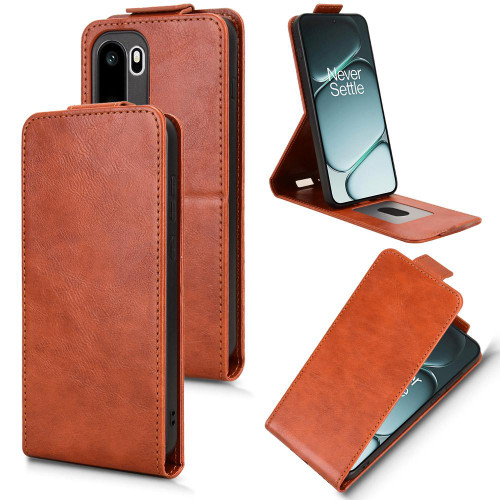 OnePlus 15R Magnetic Vertical Flip Leather Phone Case with Buckle - Brown