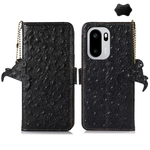 OnePlus 15R Ostrich Pattern Genuine Leather RFID Phone Case - Black