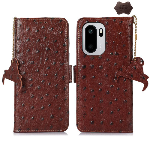 OnePlus 15R Ostrich Pattern Genuine Leather RFID Phone Case - Coffee
