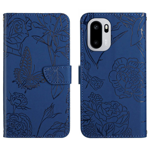 OnePlus 15R Skin Feel Butterfly Peony Embossed Leather Phone Case - Blue