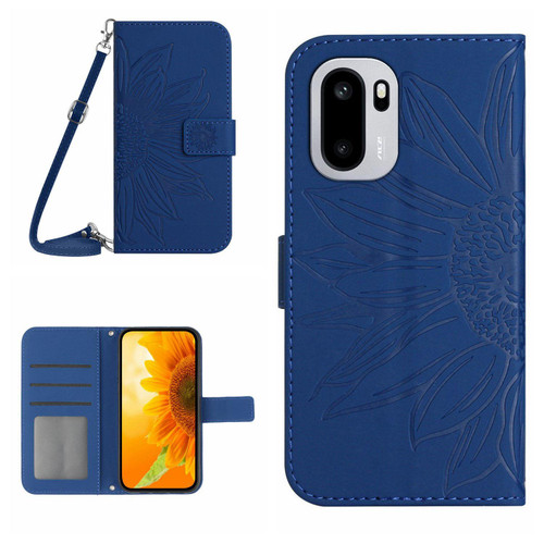 OnePlus 15R Skin Feel Sun Flower Embossed Leather Phone Case with Lanyard - Dark Blue