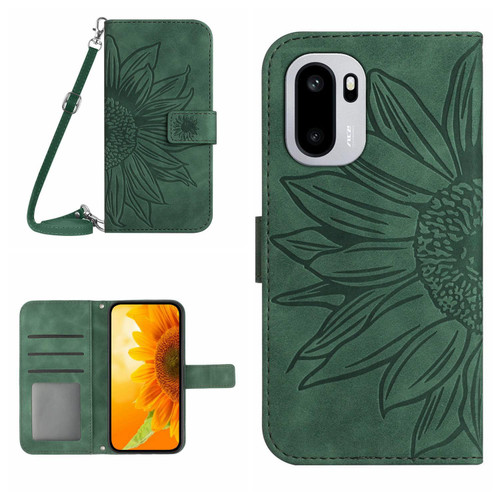 OnePlus 15R Skin Feel Sun Flower Embossed Leather Phone Case with Lanyard - Green