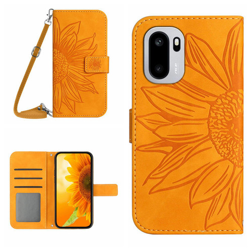 OnePlus 15R Skin Feel Sun Flower Embossed Leather Phone Case with Lanyard - Yellow