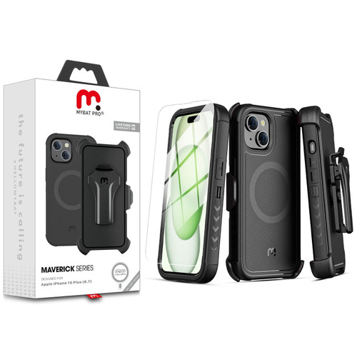 MyBat Pro Maverick Series MagSafe Case w / Holster and Tempered Glass for Apple iPhone 15 Plus - Black