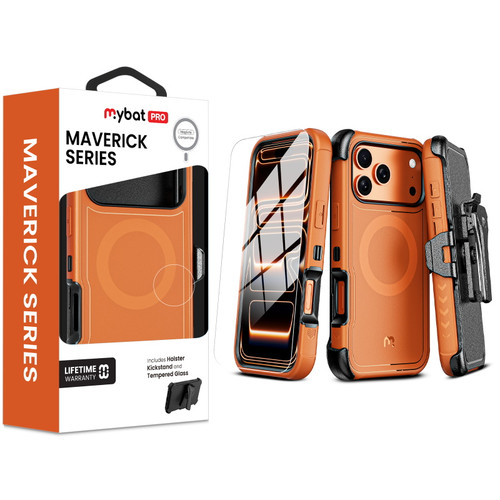 MyBat Pro Maverick Series MagSafe Case w / Holster and Tempered Glass for Apple iPhone 17 Pro Max - Cosmic Orange
