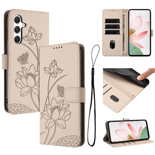 Samsung Galaxy A16 5G / A17 5G / A26 5G Lotus Embossed Leather Phone Case with Lanyard - Beige