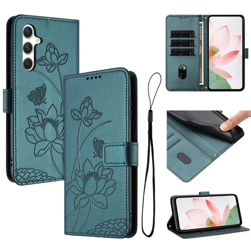 Samsung Galaxy A16 5G / A17 5G / A26 5G Lotus Embossed Leather Phone Case with Lanyard - Dark Green