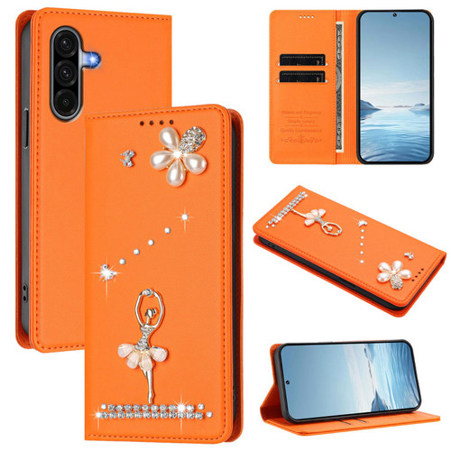 Samsung Galaxy A17 5G / A26 5G Ballet Girl Diamond Studded RFID Vegan Leather Phone Case - Orange