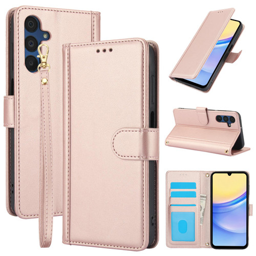 Samsung Galaxy A17 5G / A26 5G Skin Feel Pure Color Card Slots Leather Phone Case with Dual Lanyard - Rose Gold