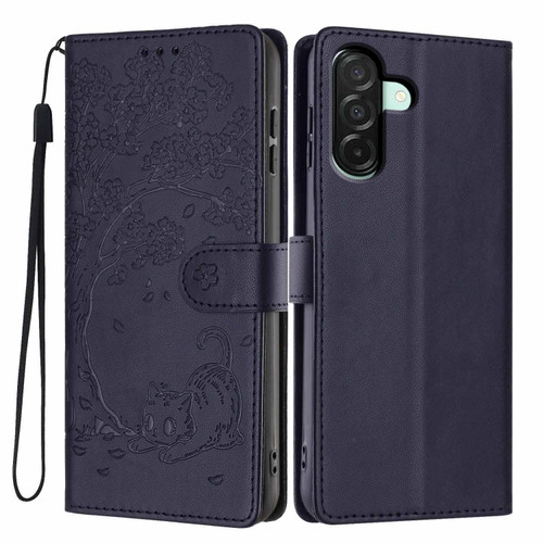 Samsung Galaxy A17 5G / A26 5G Tree Cat Embossed Flip Vegan Leather Phone Case - Dark Blue