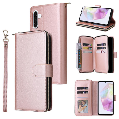 Samsung Galaxy A17 5G 9-Card Slots Zipper Wallet Bag Leather Phone Case - Rose Gold