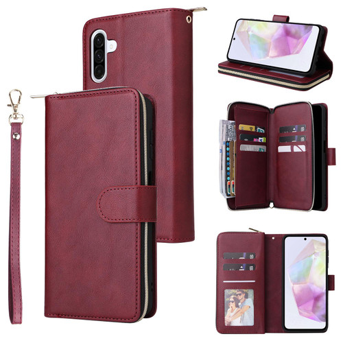Samsung Galaxy A17 5G 9-Card Slots Zipper Wallet Bag Leather Phone Case - Wine Red