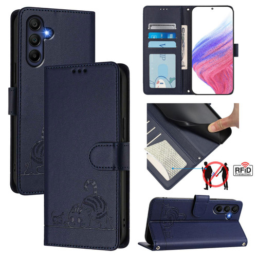 Samsung Galaxy A17 5G Cat Rat Embossed Pattern RFID Leather Phone Case with Lanyard - Blue