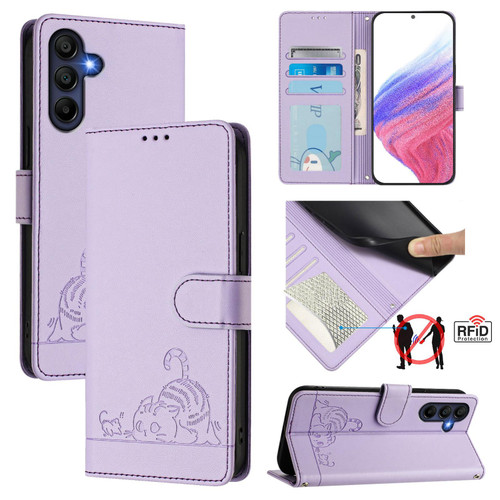 Samsung Galaxy A17 5G Cat Rat Embossed Pattern RFID Leather Phone Case with Lanyard - Purple
