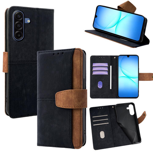 Samsung Galaxy A17 5G Color Stitching Skin Feel Leather RFID Blocking Phone Case - Black