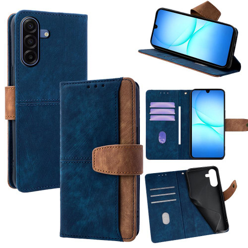 Samsung Galaxy A17 5G Color Stitching Skin Feel Leather RFID Blocking Phone Case - Blue