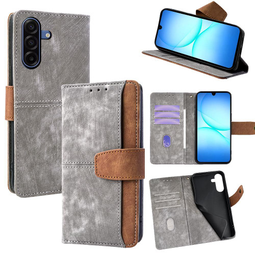 Samsung Galaxy A17 5G Color Stitching Skin Feel Leather RFID Blocking Phone Case - Grey