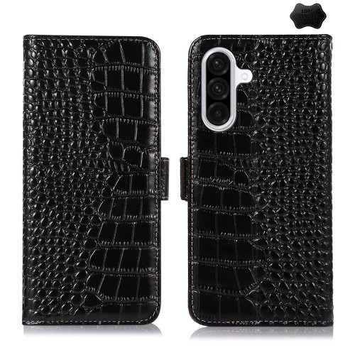 Samsung Galaxy A17 5G Crocodile Top Layer Cowhide Leather Phone Case - Black