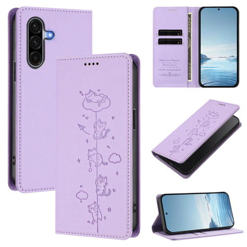 Samsung Galaxy A17 5G Cute Cats Embossed Magnetic RFID Vegan Leather Phone Case - Light Purple