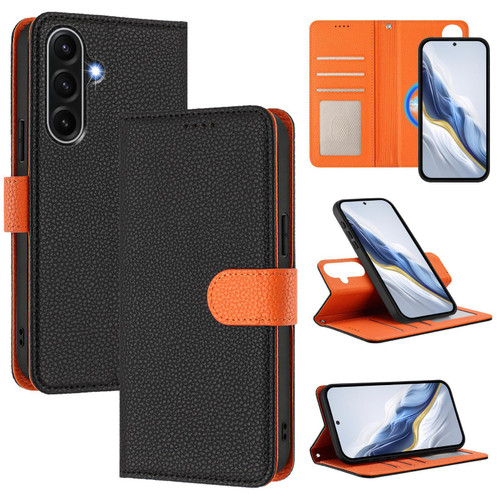 Samsung Galaxy A17 5G Detachable Litchi Texture Magnetic Vegan Leather Phone Case - Black+Orange