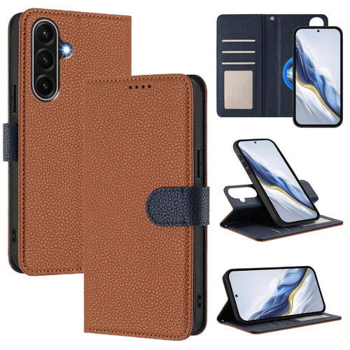 Samsung Galaxy A17 5G Detachable Litchi Texture Magnetic Vegan Leather Phone Case - Brown+Dark Blue