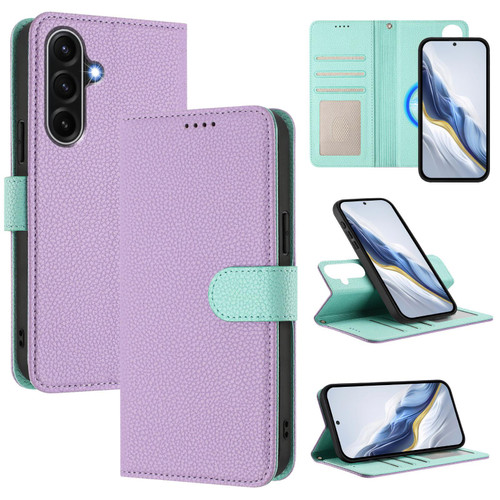 Samsung Galaxy A17 5G Detachable Litchi Texture Magnetic Vegan Leather Phone Case - Purple+Mint Green