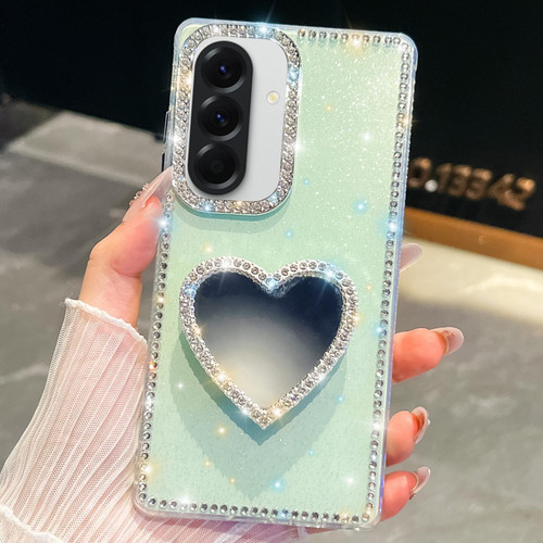 Samsung Galaxy A17 5G Diamond Glitter Mirror Heart Holder Phone Case - Light Green