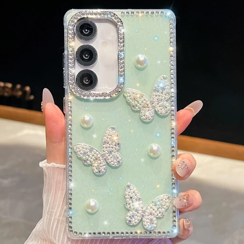 Samsung Galaxy A17 5G Diamond Glitter Pearl Butterfly Four-Corner Shockproof Phone Case - Light Green
