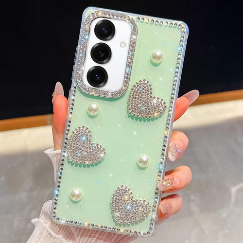 Samsung Galaxy A17 5G Diamond Glitter Pearl Heart Four-Corner Shockproof Phone Case - Light Green