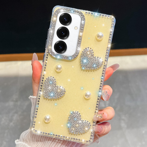 Samsung Galaxy A17 5G Diamond Glitter Pearl Heart Four-Corner Shockproof Phone Case - Light Yellow