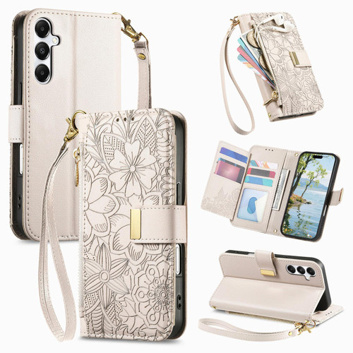 Samsung Galaxy A17 5G Flowers Leaves Zipper Wallet Leather Phone Case with Strap - Khaki