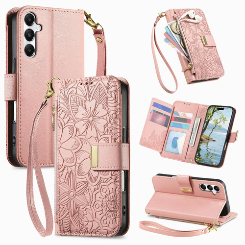 Samsung Galaxy A17 5G Flowers Leaves Zipper Wallet Leather Phone Case with Strap - Pink