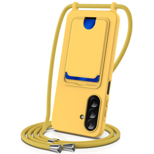 Samsung Galaxy A17 5G Integrated Card Bag Solid Color Liquid Silicone Phone Case with Lanyard - Yellow