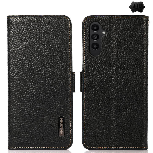 Samsung Galaxy A17 5G KHAZNEH Side-Magnetic Litchi Genuine Leather RFID Phone Case - Black