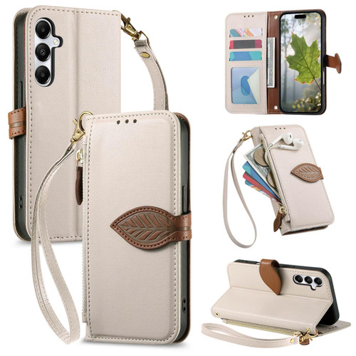 Samsung Galaxy A17 5G Leaf Buckle Zipper Wallet Leather Phone Case with Strap - Beige