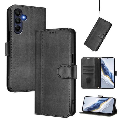 Samsung Galaxy A17 5G Line Splicing Buckle Retro Leather Phone Case - Black