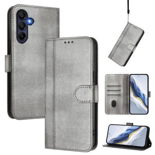 Samsung Galaxy A17 5G Line Splicing Buckle Retro Leather Phone Case - Grey