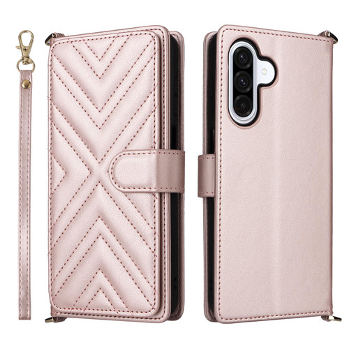 Samsung Galaxy A17 5G Multifunctional 6-Card Slots Leather Phone Case with Wrist Strap - Pink