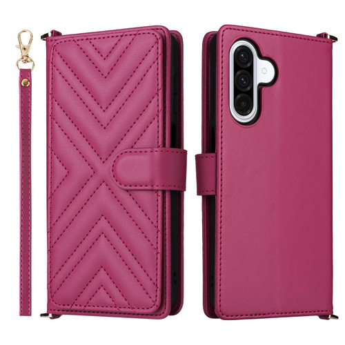 Samsung Galaxy A17 5G Multifunctional 6-Card Slots Leather Phone Case with Wrist Strap - Rose Red