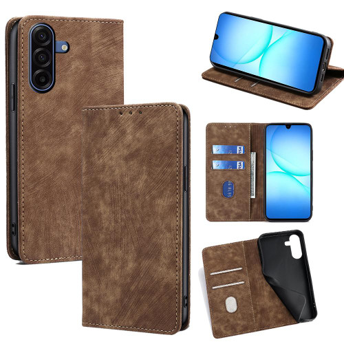 Samsung Galaxy A17 5G RFID Anti-theft Brush Magnetic Leather Phone Case - Brown